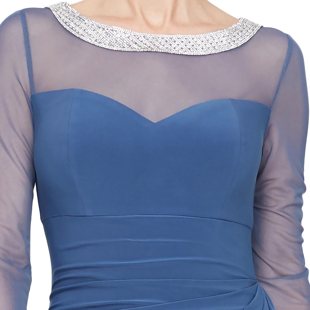 Alex Evenings Blue Illusion Neck Rhinestone Gown 3/4 Sleeve Side Draped Dress 14